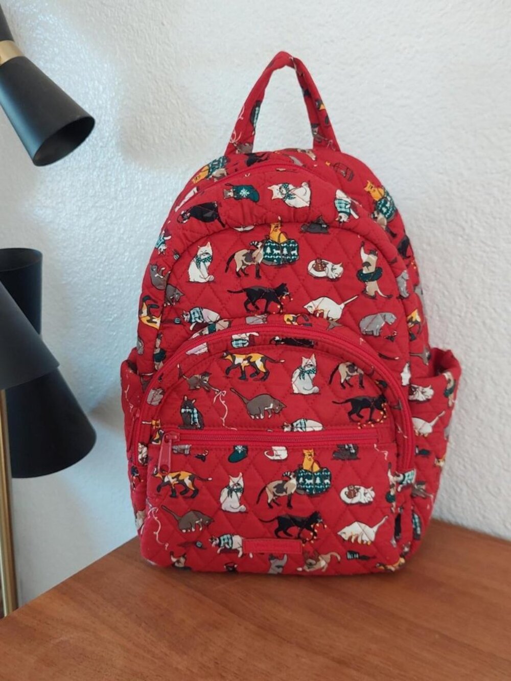 Vera Bradley Essential Compact Backpack Red Quilted Holiday Christmas Cats Patte